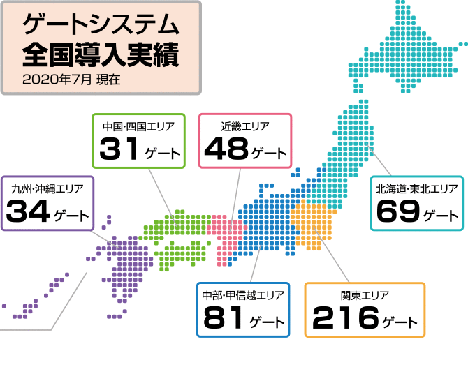 ゲートシステム全国導入実績数をエリアごとに掲載した図