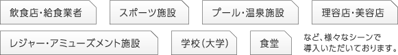 飲食店・給食業者、スポーツ施設、プール・温泉施設、理容店・美容店、レジャー・アミューズメント施設、学校（大学）、食堂など、様々なシーンで導入いただいております。